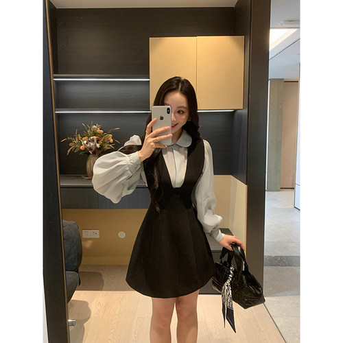 XINYI【温莎小姐】春季天丝娃娃领衬衫+西装背心裙显瘦气质套装女