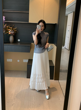 XINYI【暗黑格调】夏季格纹小衫女+百叶半裙显瘦两件套X625A07774