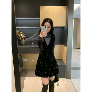 XINYI 秋冬刺绣波点丝绒背心连衣裙收腰显瘦气质百搭 夜幕流星