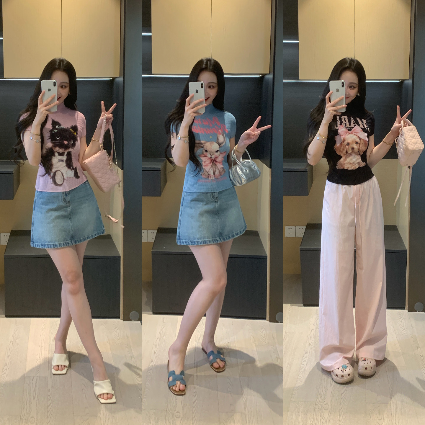 XINYI【萌宠派对】夏季弹力褶皱印花短袖T恤女显瘦百搭X626X08275