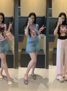 XINYI【萌宠派对】夏季弹力褶皱印花短袖T恤女显瘦百搭X626X08275