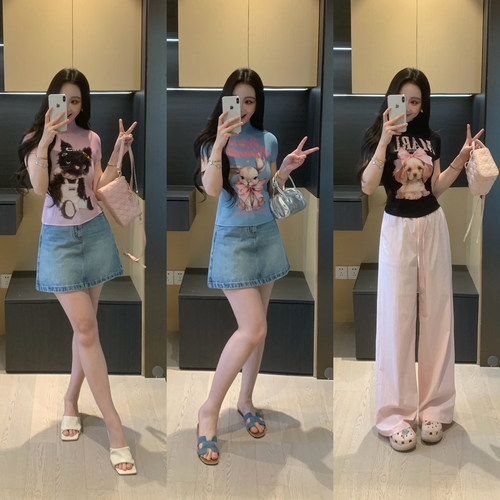 XINYI【萌宠派对】夏季弹力褶皱印花短袖T恤女显瘦百搭X626X08275