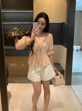 XINYI【桃里桃气】夏季木耳边雪纺小衫女显瘦百搭上衣X626E02186