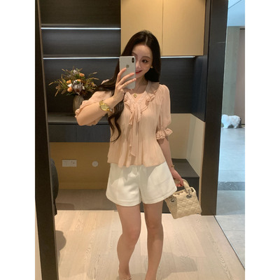 XINYI【桃里桃气】夏季木耳边雪纺小衫女显瘦百搭上衣X626E02186