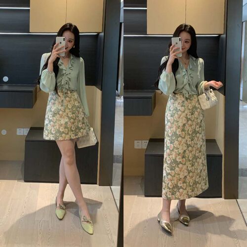 XINYI【玫瑰油画】春季荷叶边雪纺衬衫+提花半身裙显瘦气质套装女
