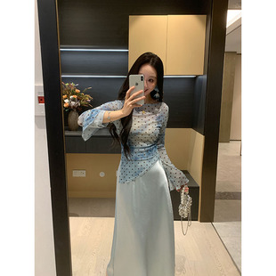 XINYI 春夏扎染印花上衣 缎面长半裙显瘦气质套装 女 海风徐徐