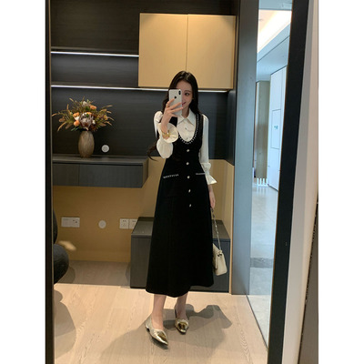 XINYI【领家姐姐】秋冬衬衫拼接假两件连衣裙收腰显瘦弹力气质裙