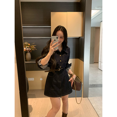 XINYI【心动时刻】春季复古原牛色正肩牛仔连衣裙收腰显瘦气质