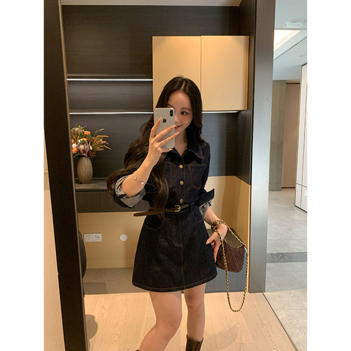 XINYI【心动时刻】春季复古原牛色正肩牛仔连衣裙收腰显瘦气质