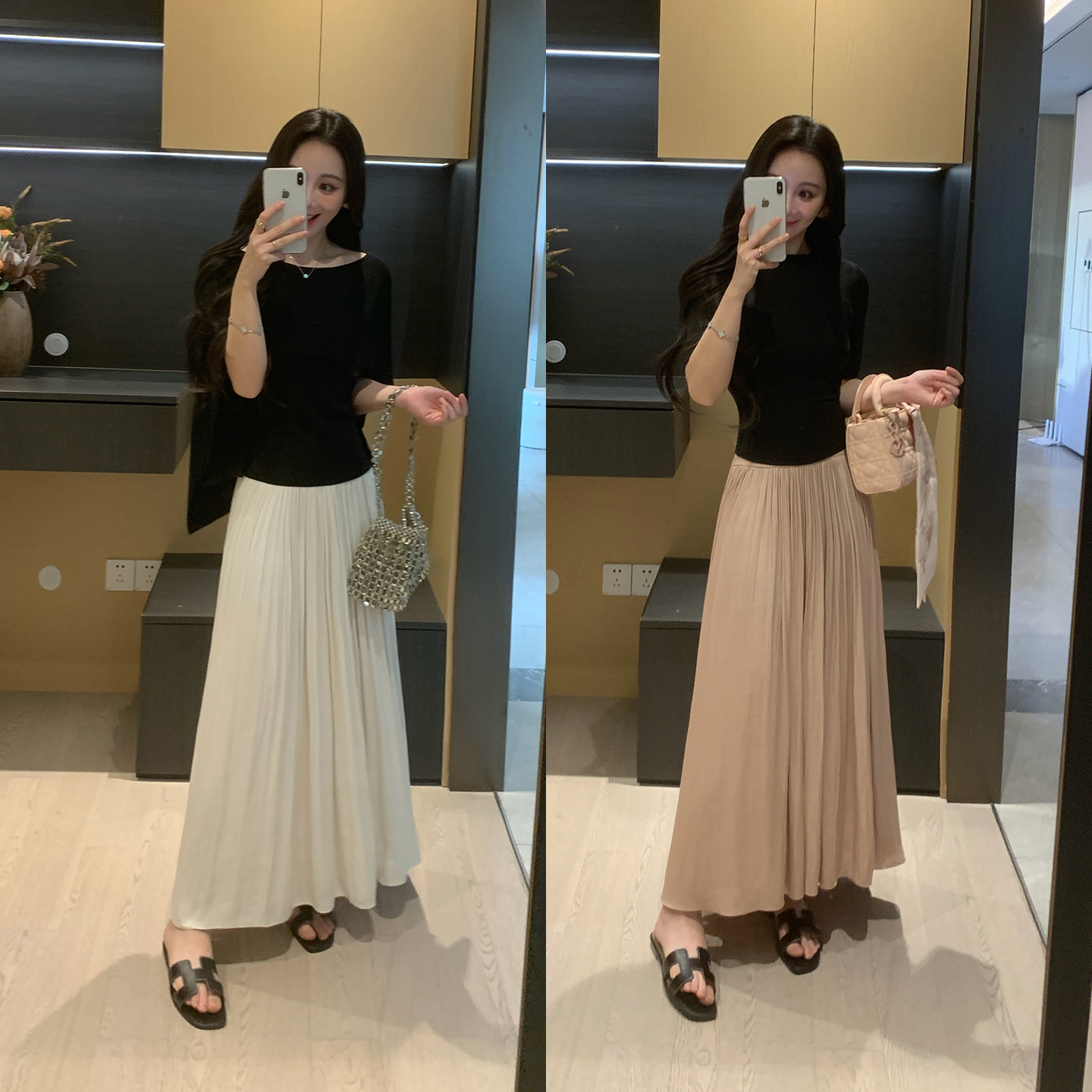 XINYI【琉光幻影】夏季海岛缎高腰压褶半身裙显瘦百搭X626G03739