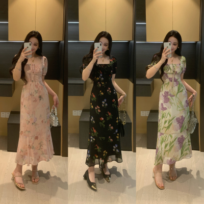 大码显瘦鱼尾连衣裙女方领泡泡袖