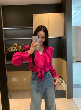 XINYI【多彩春日】春季法式V领荷叶边衬衫女显瘦百搭X626C01059