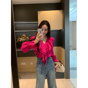 法式 XINYI 多彩春日 春季 女显瘦百搭气质衬衣 V领荷叶边衬衫