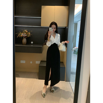 XINYI【慢调画廊】春季假两件撞色连衣裙收腰显瘦气质衬衫长裙