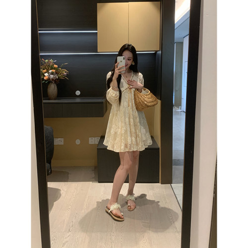 XINYI【茶靡花境】夏季V领落肩袖蕾丝连衣裙宽松显瘦气质公主裙