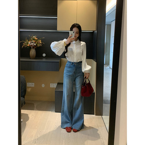 XINYI【呼吸牛仔】春季弹力高腰微喇牛仔裤女显高显瘦百搭裤子