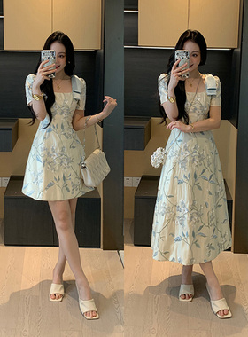 XINYI【桂月白露】夏季月亮缎刺绣连衣裙收腰显瘦气质X625Q10424