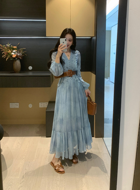 XINYI【海岛花溪】夏季蕾丝花边拼接雪纺连衣裙收腰显瘦气质裙