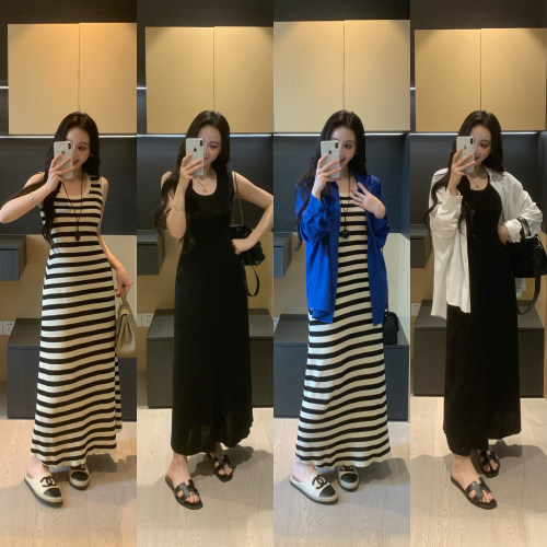 收腰显瘦天丝条纹背心连衣裙女夏