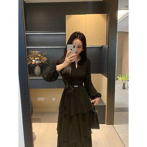 XINYI【月色撩人】春季V领珍珠雪纺连衣裙收腰显瘦气质黑色蛋糕裙