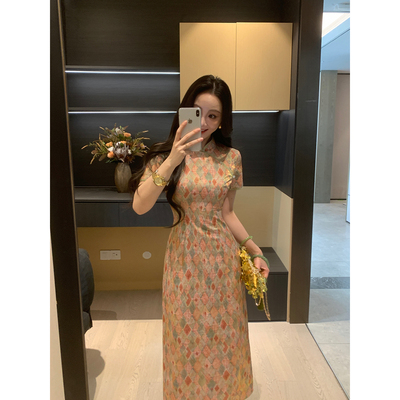 暗纹提花旗袍新中式连衣裙女微胖
