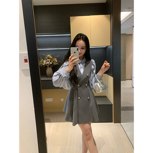 XINYI【高智MIU系】春季娃娃领缎面衬衫+西装背心裙显瘦套装女