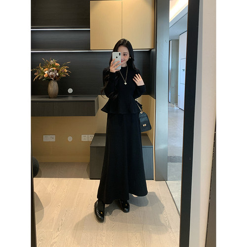 XINYI【梨形法则】冬季双面德绒荷叶边上衣+半裙显瘦气质套装女