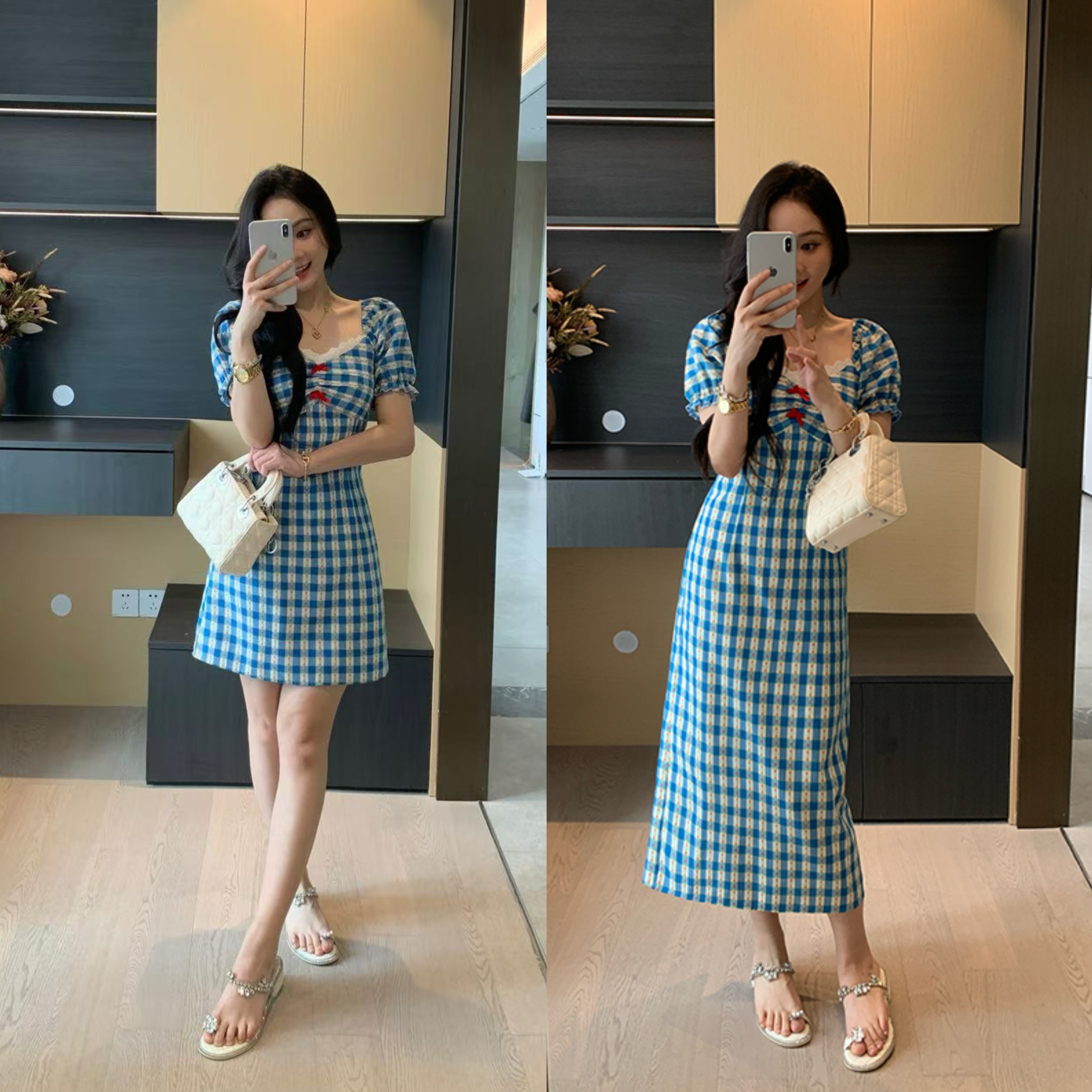 XINYI【海盐气泡】夏季提花格纹连衣裙收腰显瘦气质裙X625Q06920