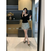 秋冬烫钻网纱拼接长袖 XINYI 极光梦境 T恤女显瘦磨毛加厚内搭