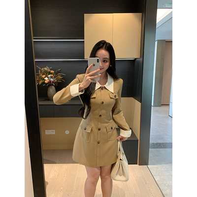 XINYI【焦糖朗姆】秋季撞色拼接西装连衣裙中长款收腰显瘦气质裙