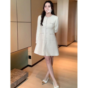 【欣怡微胖定制】小香风细闪连衣裙女2022新款秋冬收腰显瘦裙子