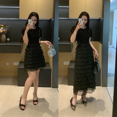XINYI【夜巴黎】夏季拼接假两件连衣裙收腰显瘦气质弹力蛋糕裙