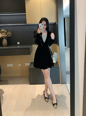 XINYI【Lady小姐】秋冬珠帘拼接丝绒连衣裙2025新款收腰显瘦气质