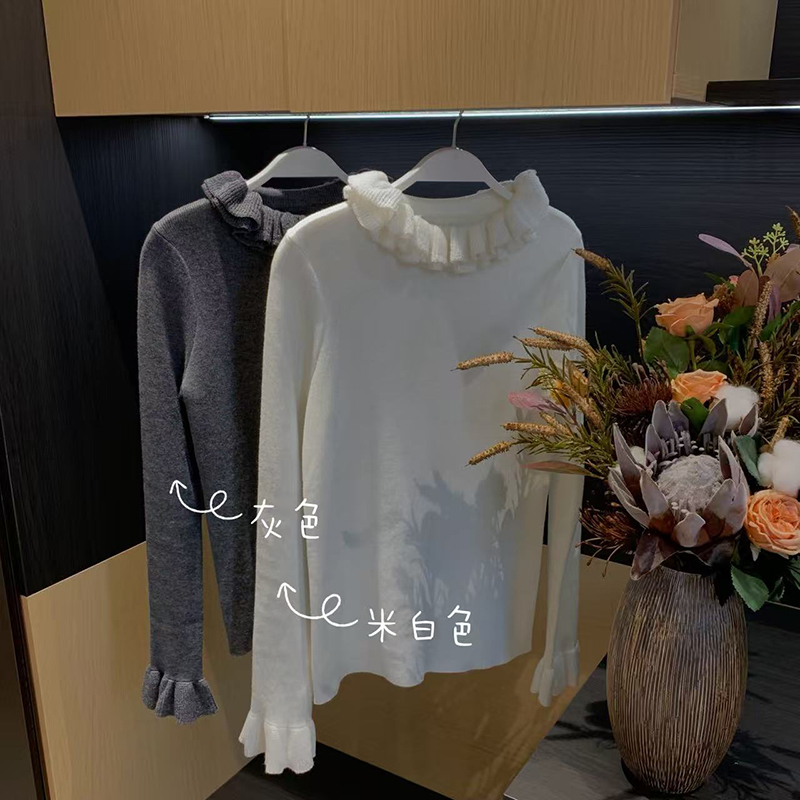 XINYI【千层奶油】秋冬花瓣领纯色针织上衣女显瘦打底长袖内搭