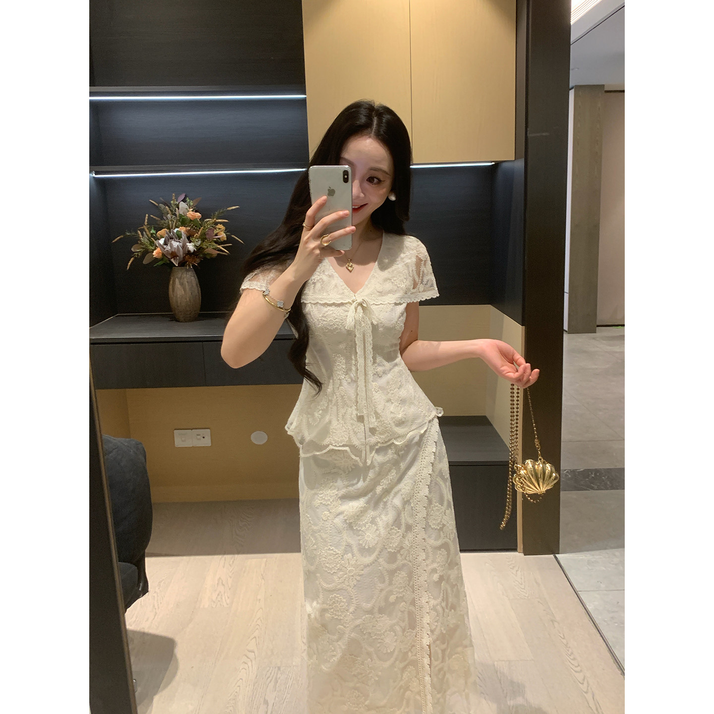 XINYI[云絮蕾丝]法式名媛风白色连衣裙套装女夏大码微胖m两件套裙