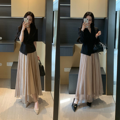 XINYI【浪漫时区】春季西装外套+网纱半裙显瘦套装女X626A02212