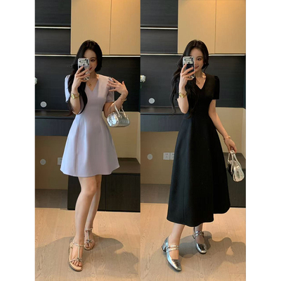 XINYI【天鹅堡2.0】夏季赫本风高定斜纹西装连衣裙女长款收腰显瘦