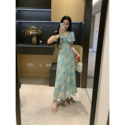 XINYI【蓝星漫野】夏季V领雪纺连衣裙收腰显瘦气质裙X626Q07846