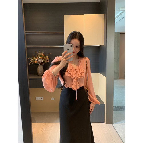 XINYI【维丁花园】春季V领荷叶边衬衫+高腰半身裙显瘦气质套装女