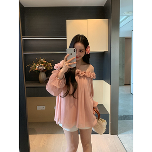 XINYI 春季 荷叶边斜肩雪纺小衫 女显瘦百搭氛围感上衣 干枯玫瑰