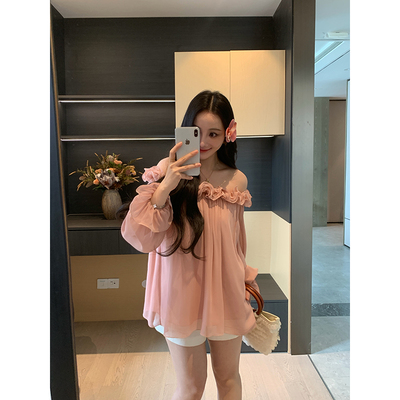 XINYI【干枯玫瑰】春季荷叶边斜肩雪纺小衫女显瘦百搭氛围感上衣