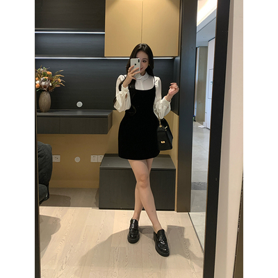 XINYI【优雅天鹅】秋冬吊带丝绒花苞连衣裙+缎面衬衫显瘦套装女