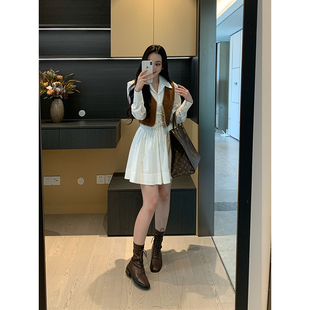 XINYI【月光古着】秋季微弹衬衫连衣裙短款收腰显瘦气质小白裙