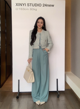 XINYI【蓝雾琉璃】秋季亮丝编织小香风外套+高腰裤显瘦X624A14735
