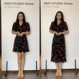 XINYI 碎花连衣裙收腰显瘦气质X624Q09343 冷萃玫瑰 夏季
