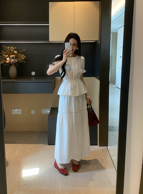 XINYI【月光白茶】夏季天丝亚麻衬衫+半身裙显瘦套装女X626A02930