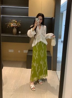 XINYI[浅青知夏]天丝法式浪漫白色衬衫上衣女大码微胖连衣裙套装