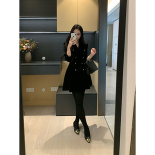 XINYI 秋冬复古双排扣丝绒连衣裙收腰显瘦X625Q18893 古早经典