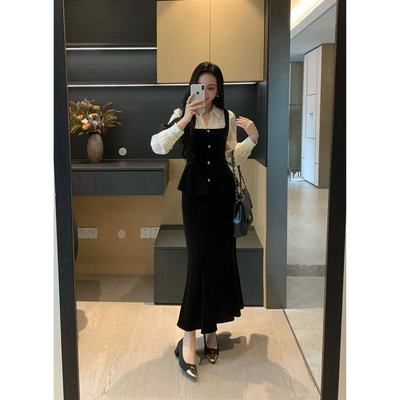 XINYI【轻奢限定2.0】秋季丝绒假两件衬衫+裤子+鱼尾裙X625A15242