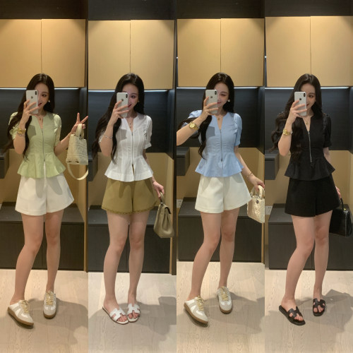 夏季微胖女高知衬衫短裤两件套